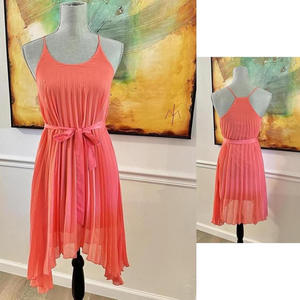 Glam doll Coral poppy lettuce trim pleated handkerchief cocktail summer dress xs